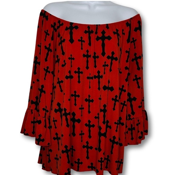 REINA Blouse Red Off the Shoulder Long Sleeve Top Black Crosses Womens SZ Medium - Picture 2 of 6